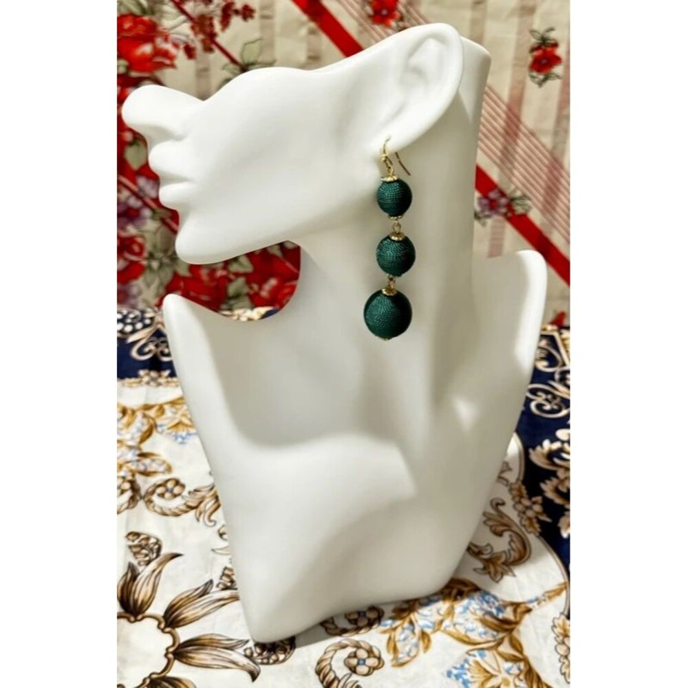 Triple Dark Green Thread-Wrapped Ball Statement Earrings